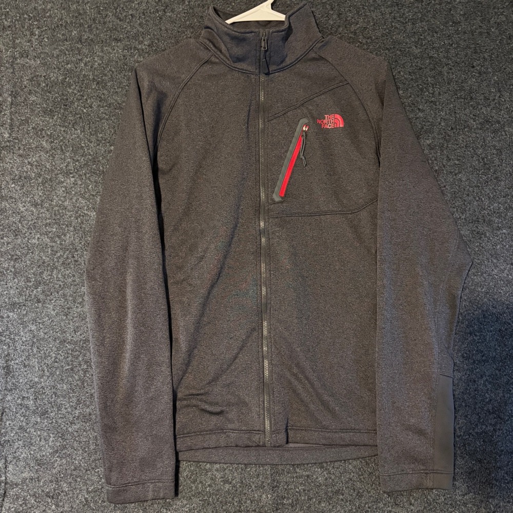 The North Face Mens Small Full Zip Fleece Jacket Charcoal Grey Red Trim